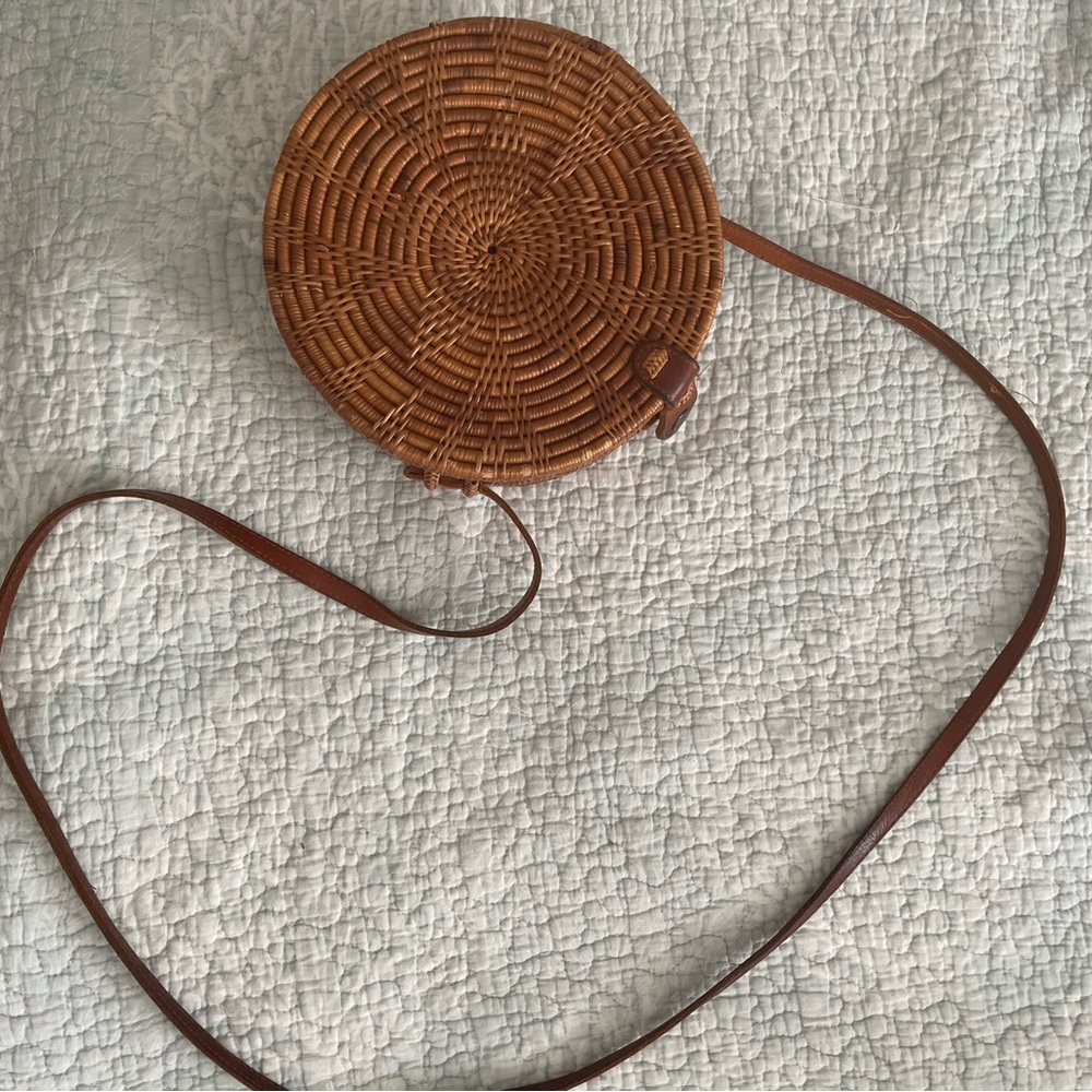 Brown Woven Round Crossbody Bag